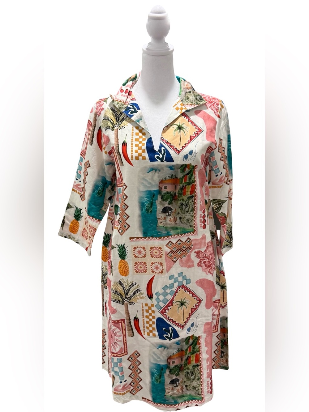 NWT Terzo Millennio Linen/Cotton Resort Kaftan Patchwork Dress Size Small Italy - Picture 4 of 12